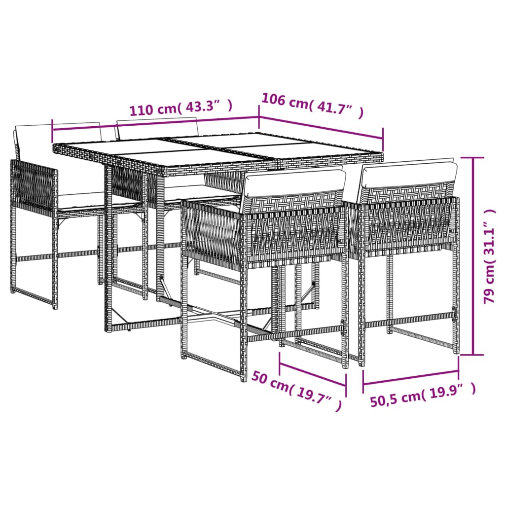 vidaXL Set comedor de jardín 5 piezas con cojines ratán sintético gris