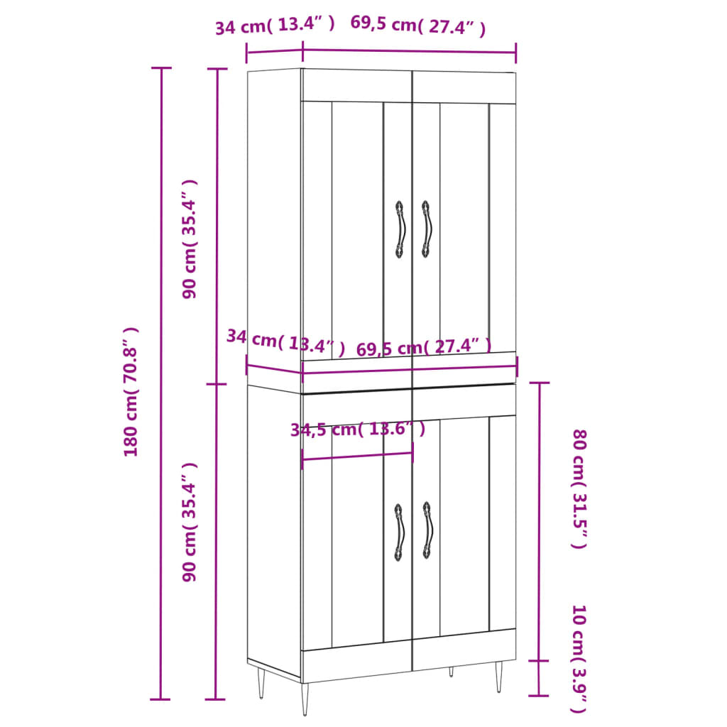 vidaXL Aparador alto madera contrachapada negro 69,5x34x180 cm