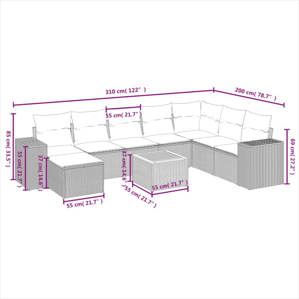 vidaXL Set de sofás de jardín 9 pzas con cojines ratán sintético beige