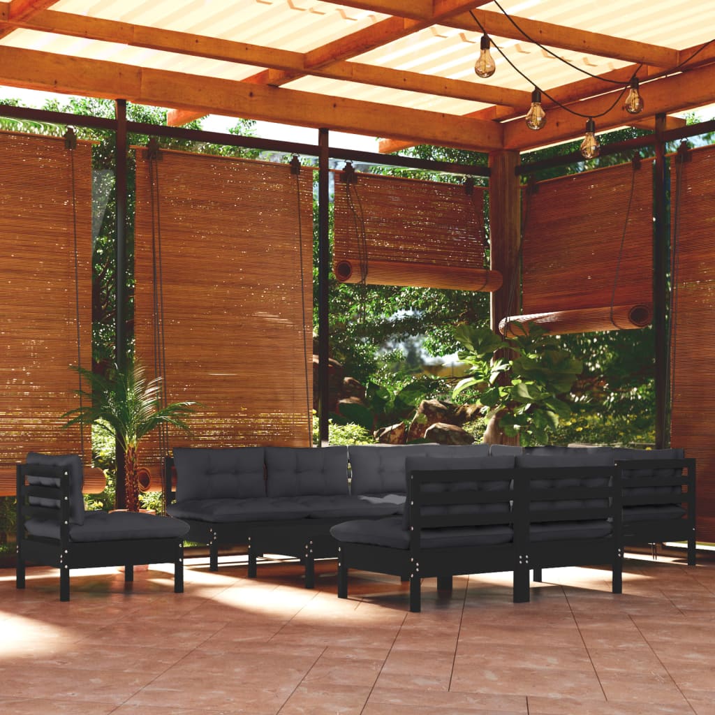 vidaXL Muebles de jardín 11 pzas con cojines negro madera maciza pino