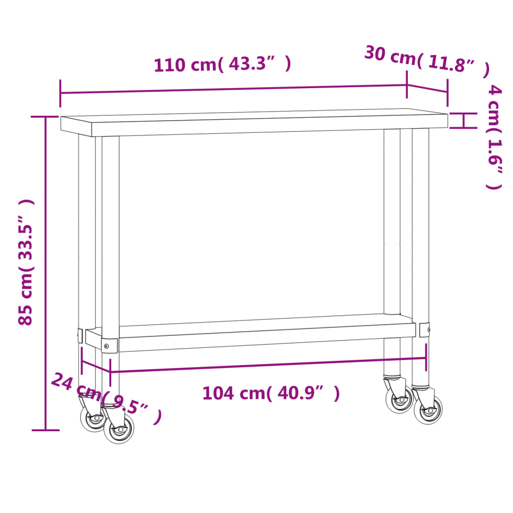 vidaXL Mesa de trabajo de cocina con ruedas acero inox 110x30x85 cm