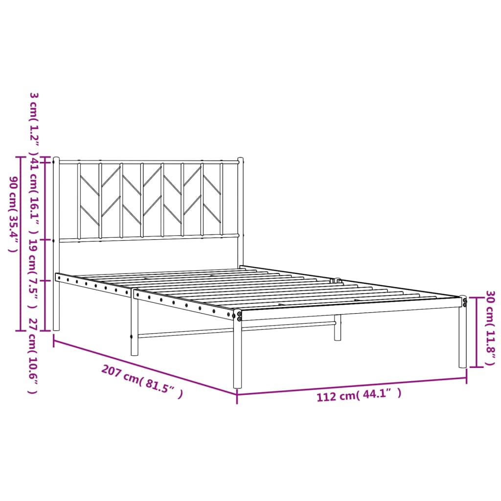 vidaXL Estructura de cama con cabecero metal negro 107x203 cm