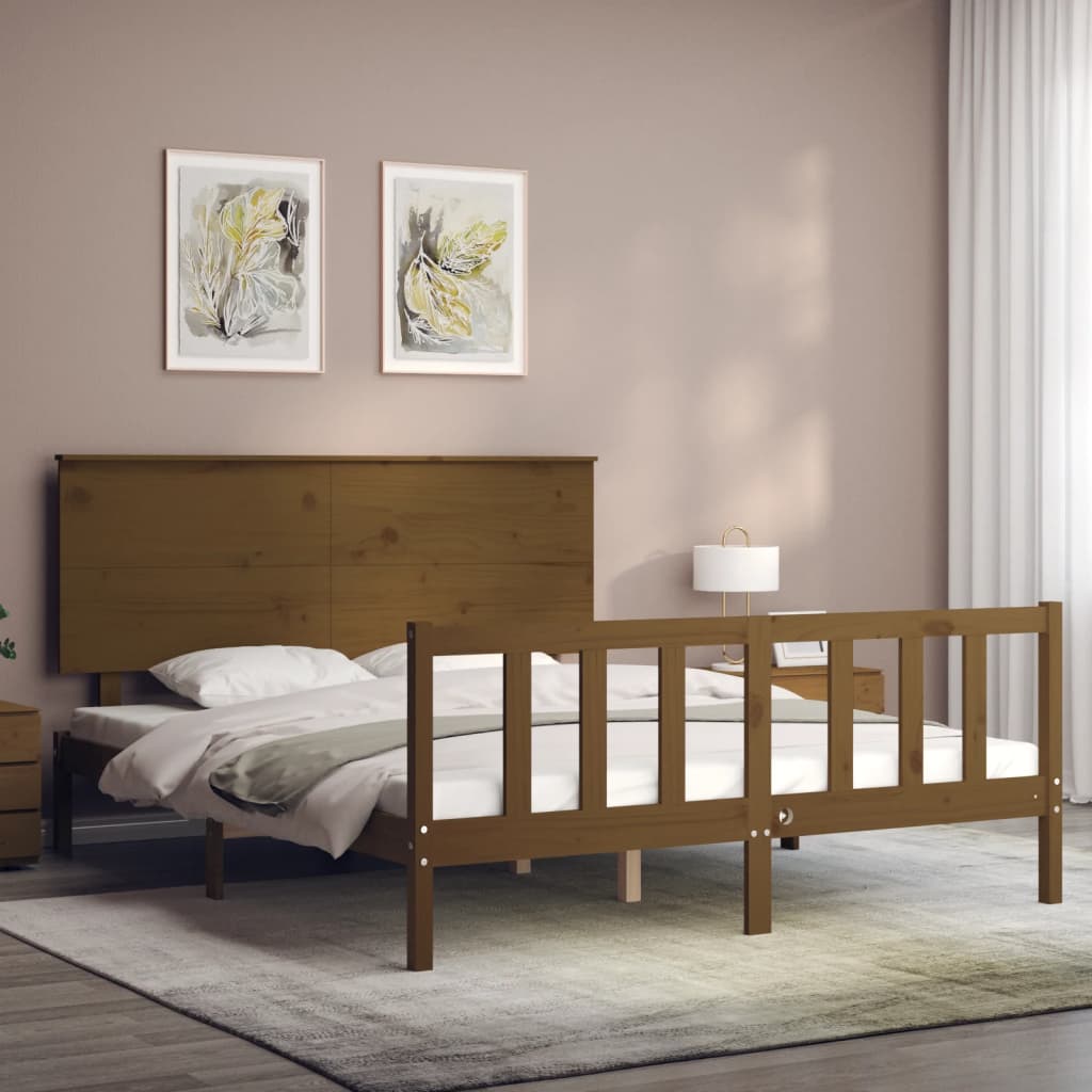 vidaXL Estructura de cama matrimonio con cabecero madera marrón miel