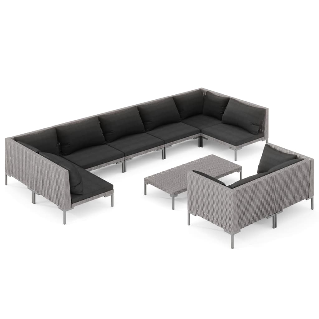 vidaXL Muebles de jardín 10 pzas y cojines ratán sintético gris oscuro