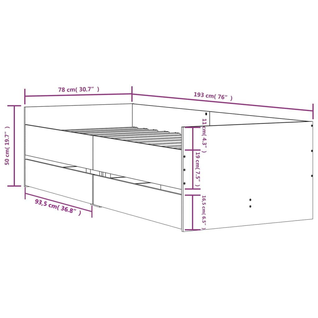 vidaXL Estructura de cama con cajones roble Sonoma 75x190 cm