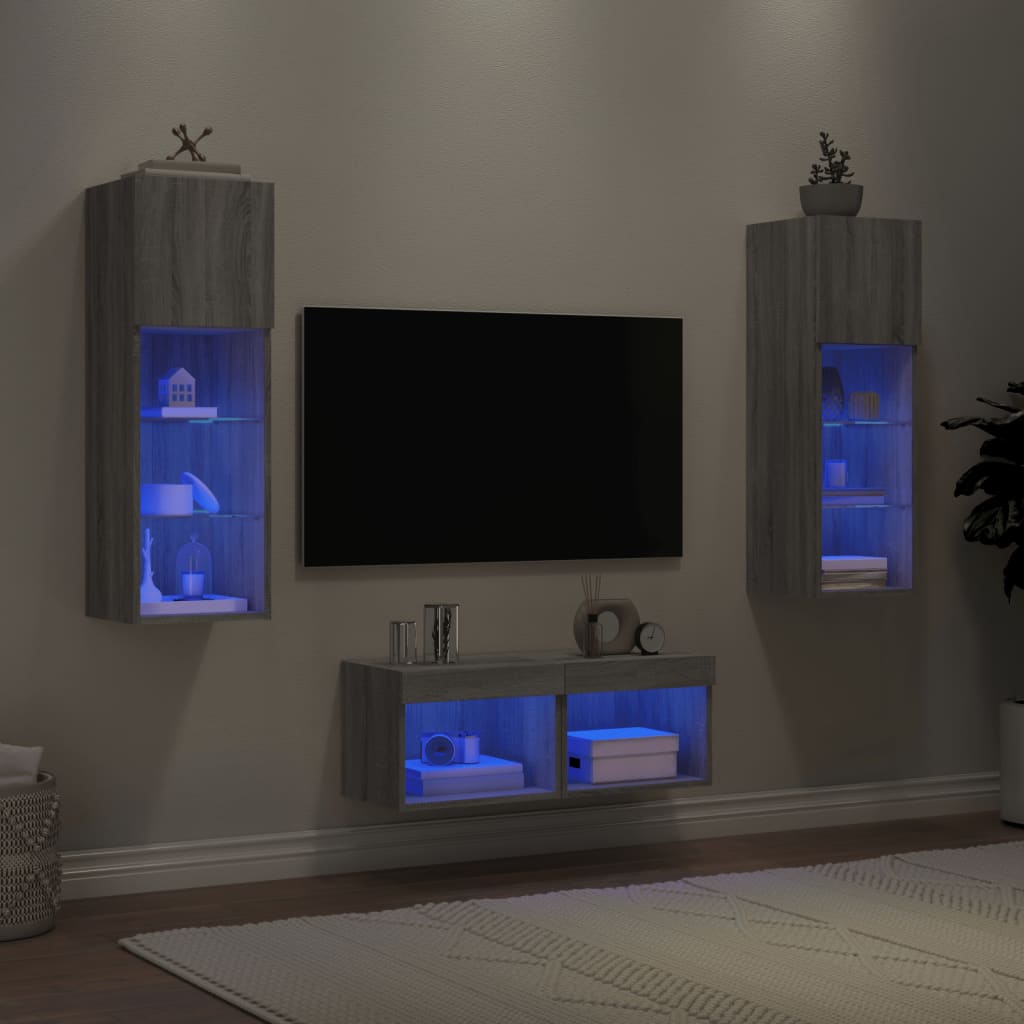 vidaXL Muebles de TV de pared con luces LED 4 piezas gris Sonoma