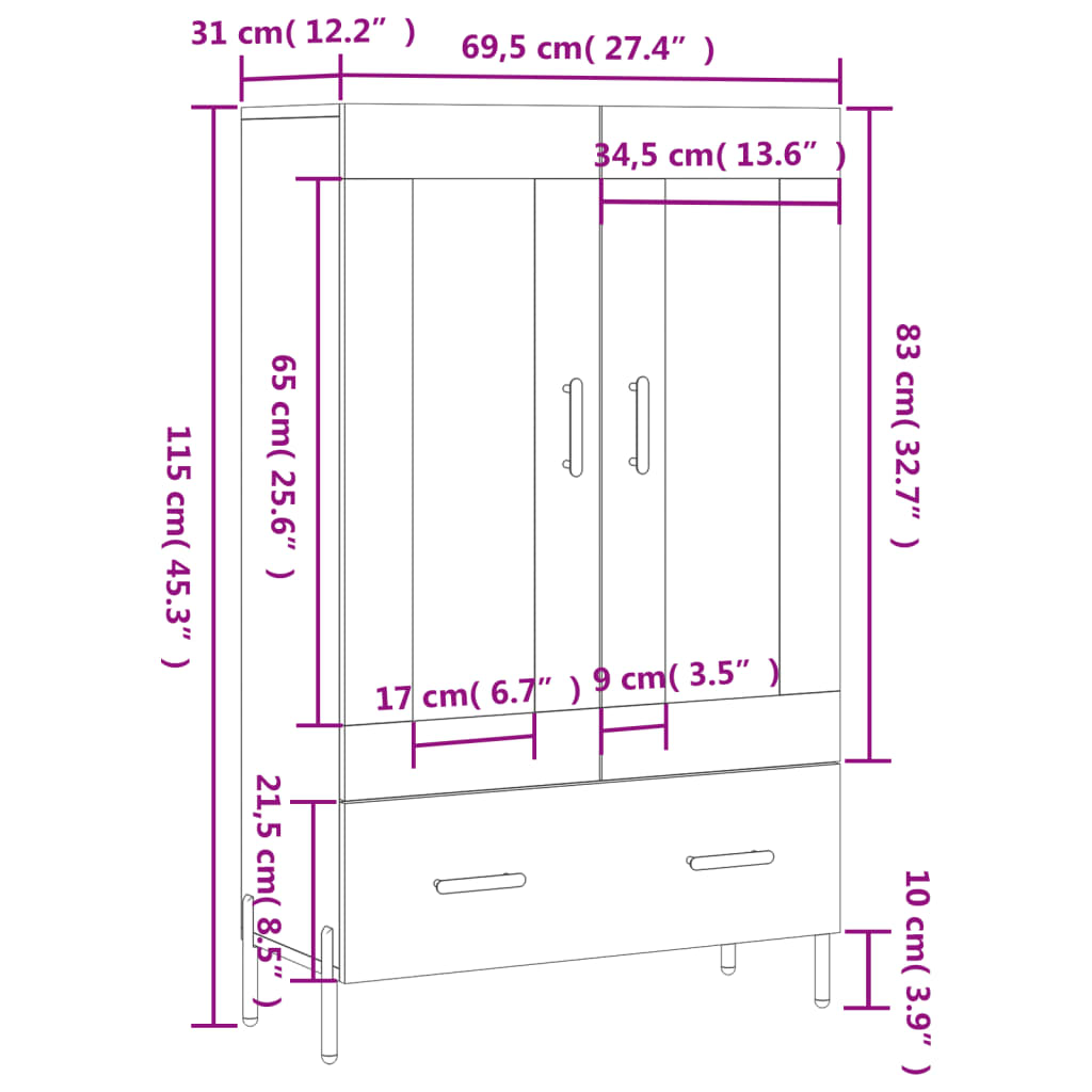 vidaXL Aparador alto madera de ingeniería blanco 69,5x31x115 cm