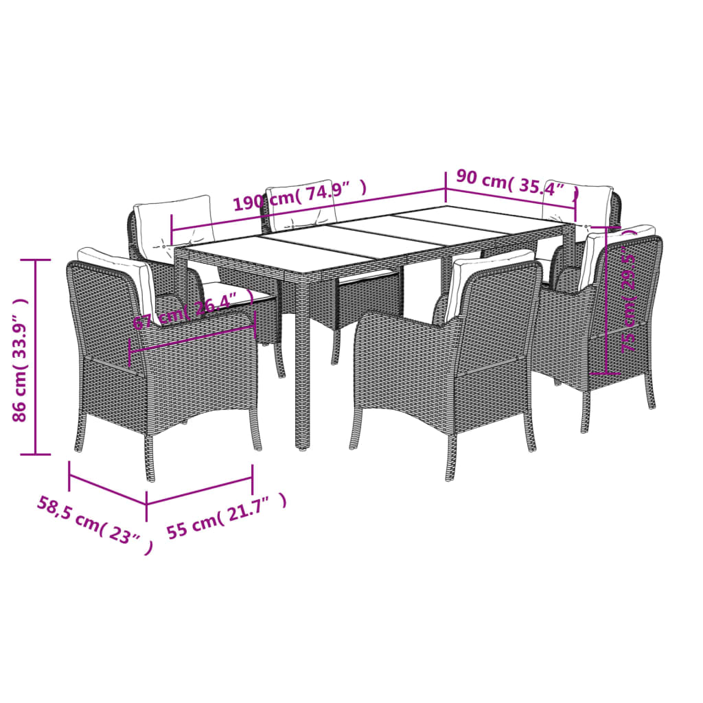 vidaXL Set comedor jardín 7 pzas y cojines ratán sintético gris