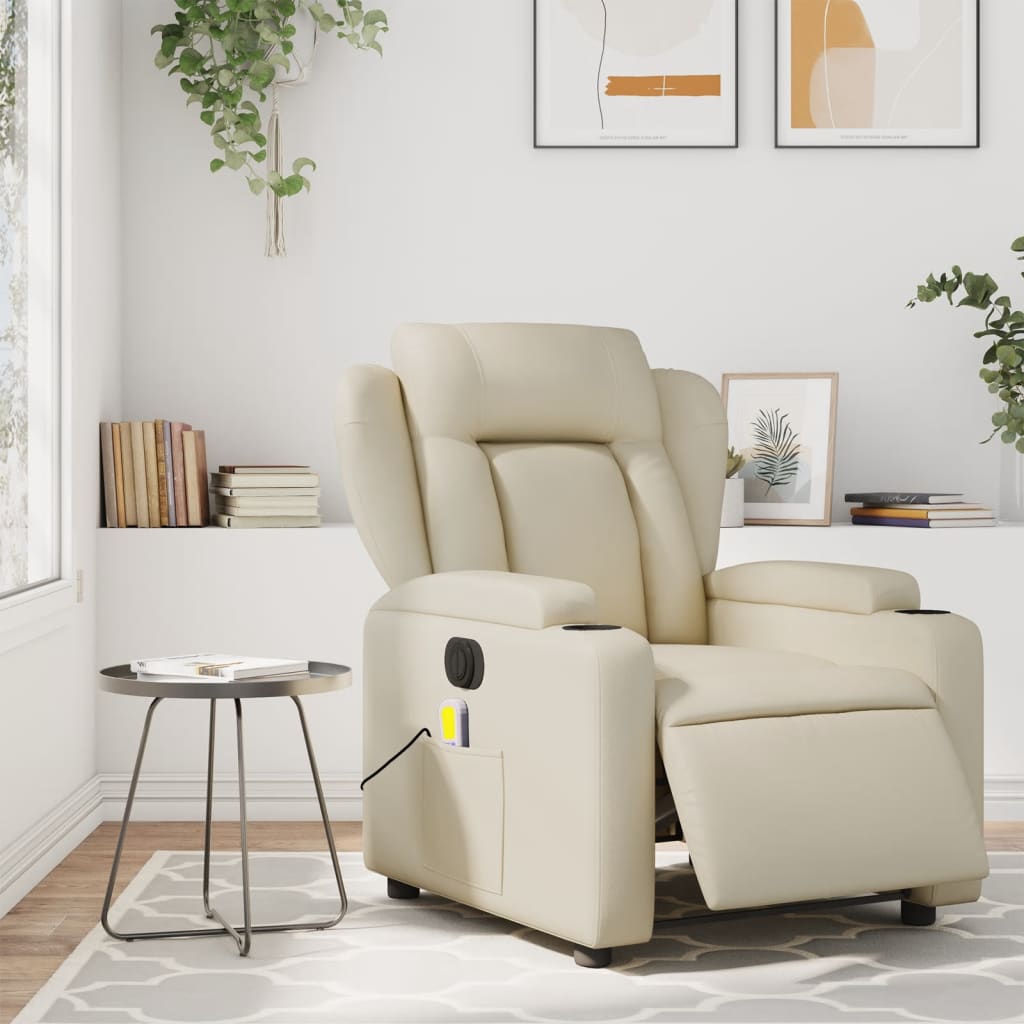 vidaXL Sillón de masaje reclinable eléctrico cuero sintético crema