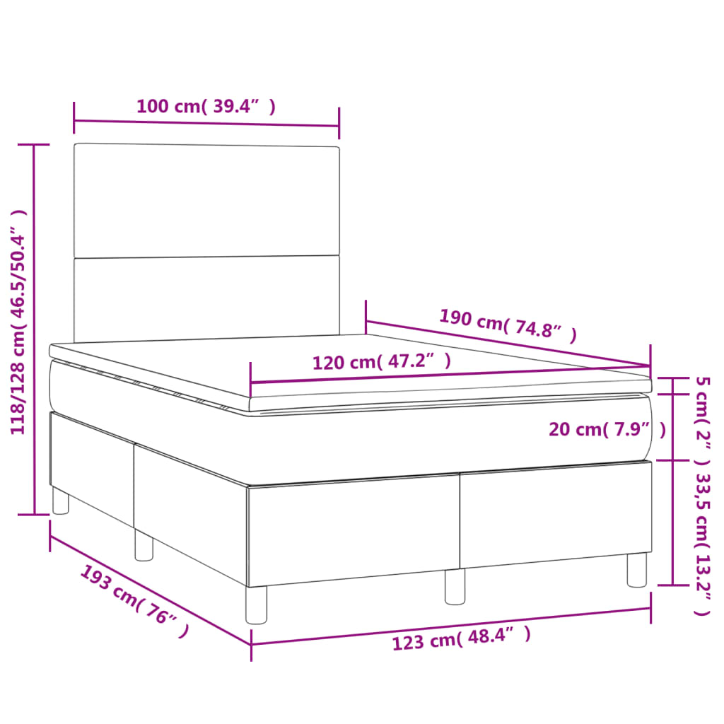 vidaXL Cama box spring con colchón y LED tela gris claro 120x190 cm