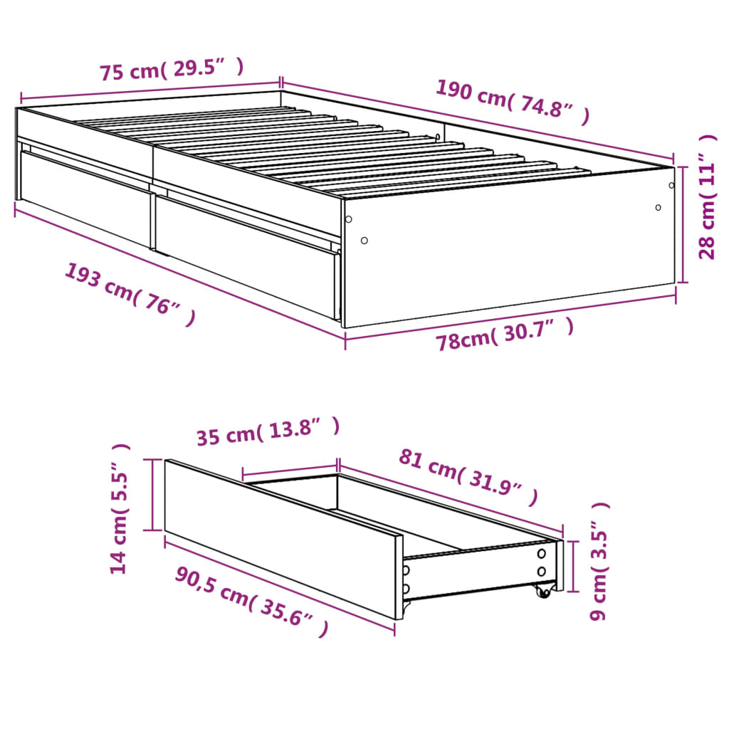 vidaXL Cama con cajones madera de ingeniería gris Sonoma 75x190 cm