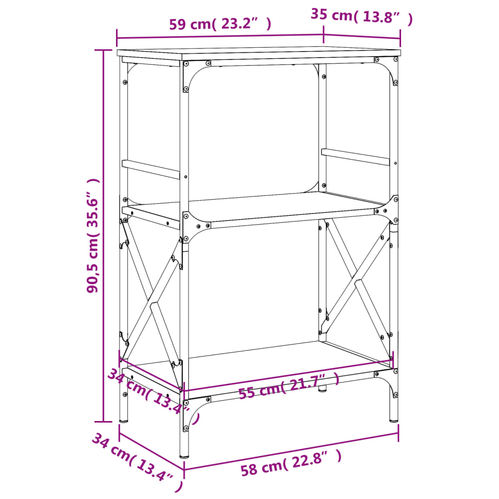 vidaXL Librería 3 estantes madera ingeniería roble marrón 59x35x90,5cm