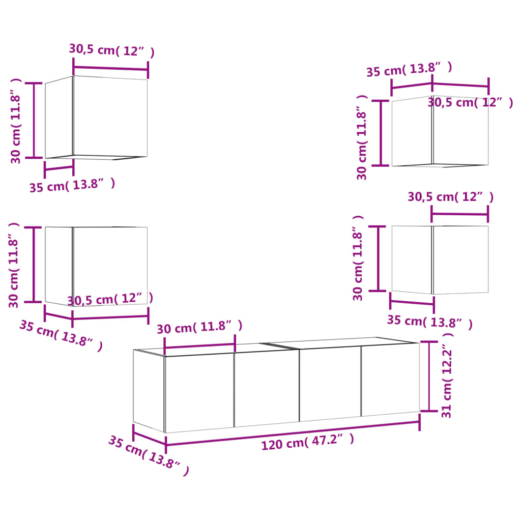 vidaXL Muebles TV pared con LED 6 pzas madera ingeniería gris hormigón