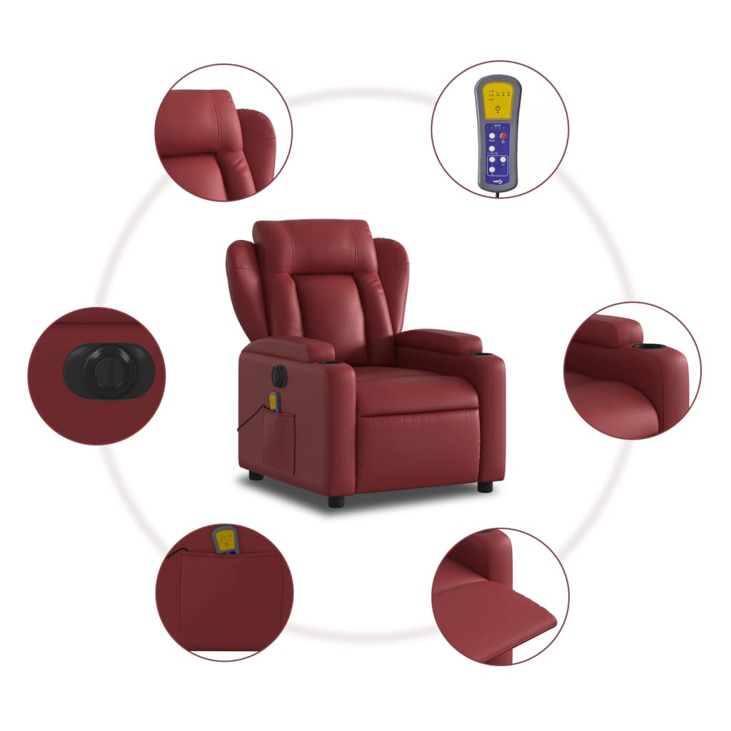 vidaXL Sillón de masaje reclinable de cuero artificial rojo tinto