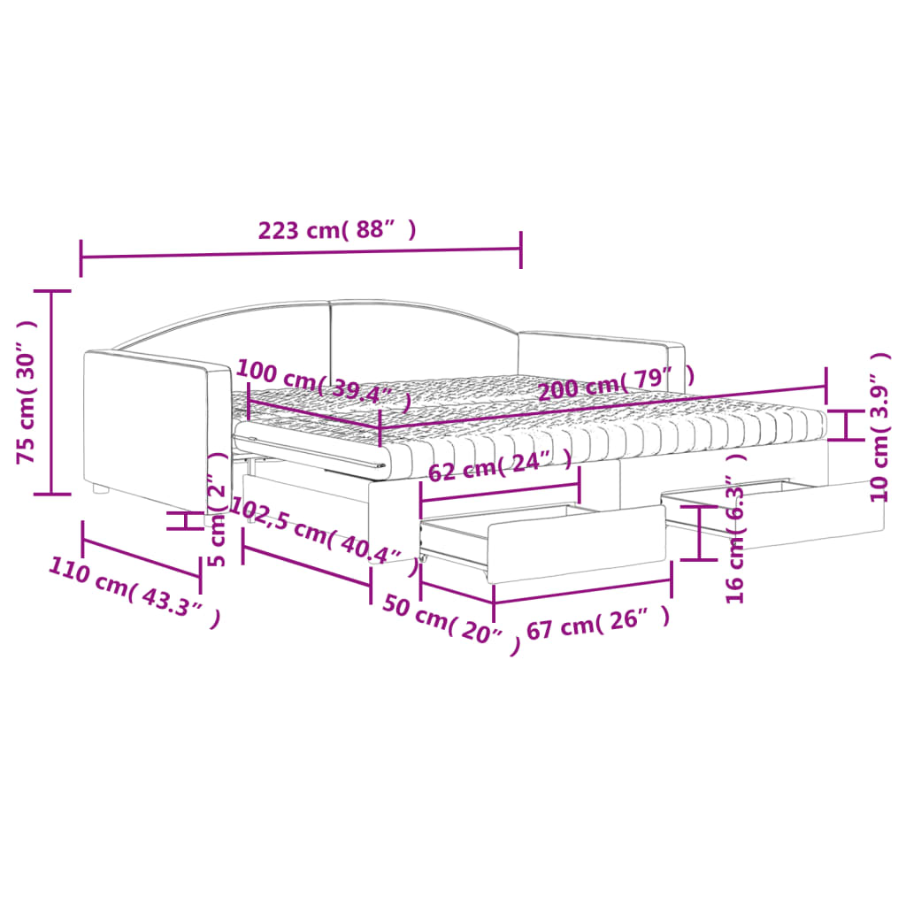 vidaXL Sofá cama nido con cajones tela gris claro 100x200 cm