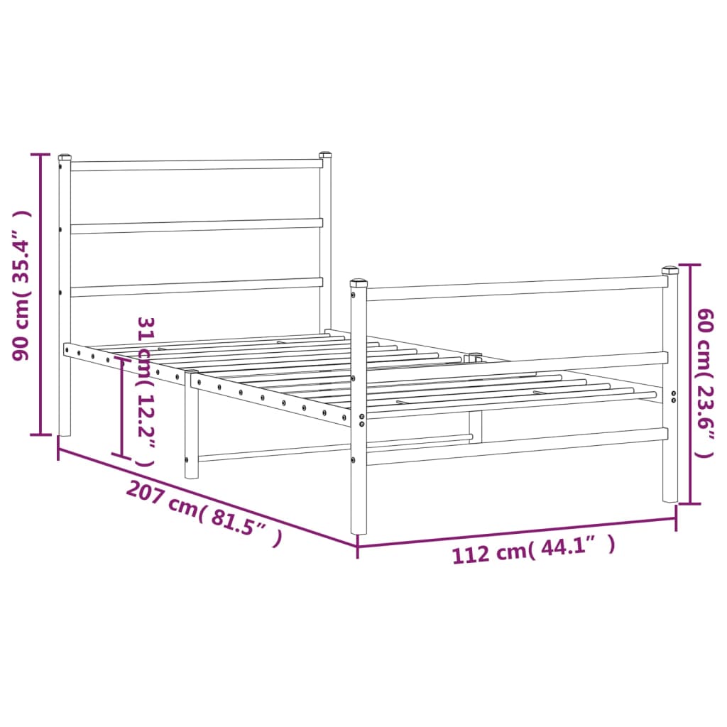 vidaXL Estructura de cama con cabecero y estribo metal negro 107x203cm