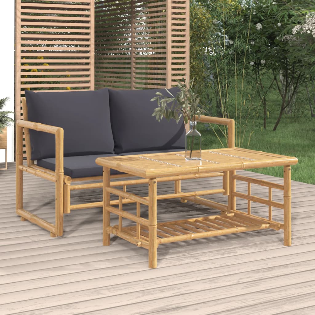 vidaXL Set de muebles de jardín 2 piezas bambú con cojines gris oscuro