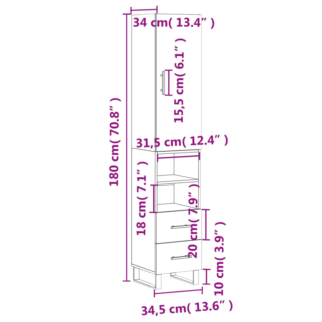 vidaXL Aparador alto madera contrachapada blanco 34,5x34x180 cm