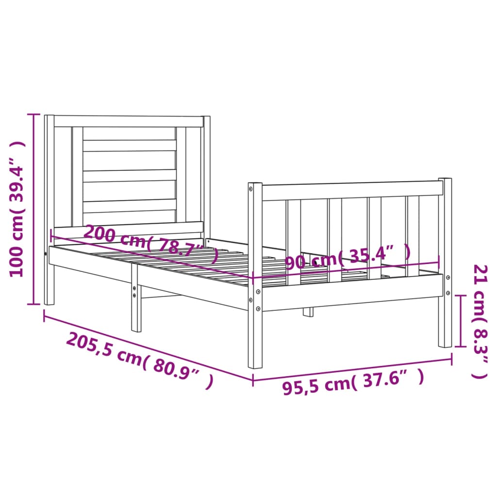 vidaXL Estructura de cama con cabecero madera maciza blanco 90x200 cm