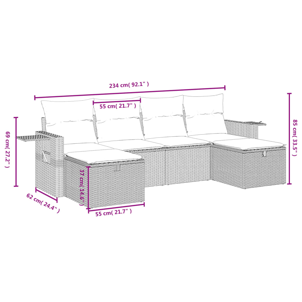 vidaXL Set sofás de jardín 6 piezas y cojines ratán sintético marrón