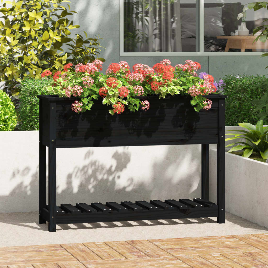 vidaXL Jardinera con estante madera maciza pino negro 111,5x34,5x81 cm