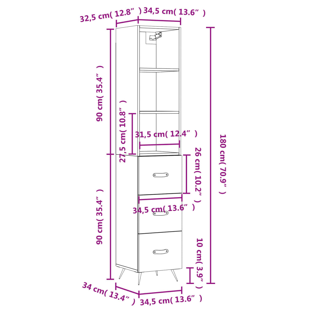 vidaXL Aparador de madera contrachapada negro 34,5x34x180 cm