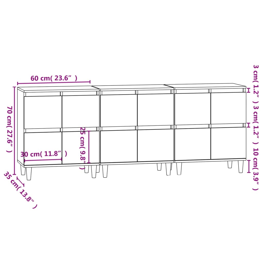 vidaXL Aparadores 3 uds madera contrachapada gris hormigón 60x35x70 cm