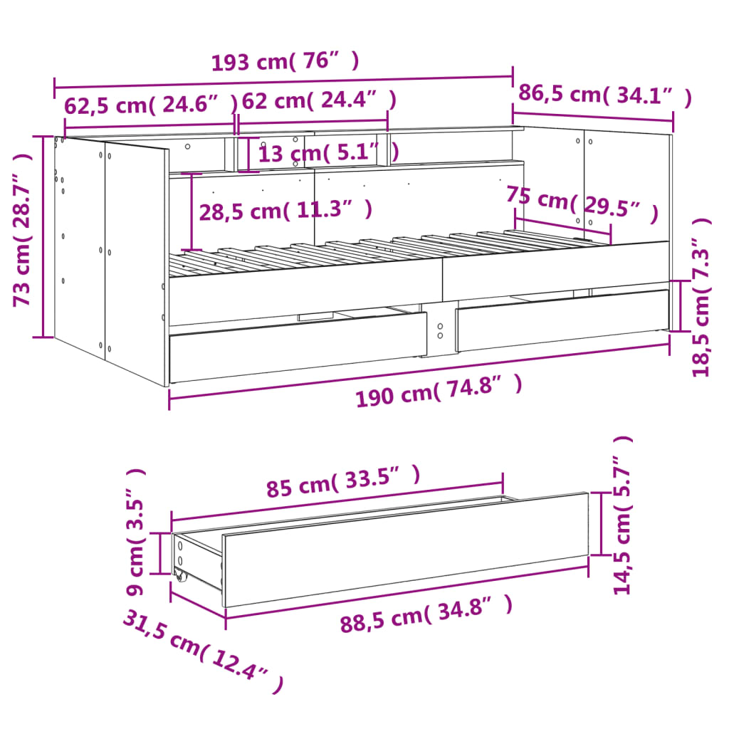 vidaXL Sofá cama con cajones sin colchón roble Sonoma 75x190 cm