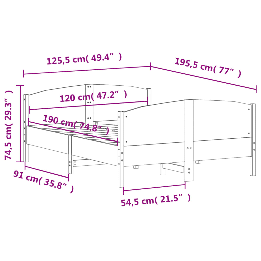 vidaXL Estructura de cama sin colchón madera maciza de pino 120x190 cm