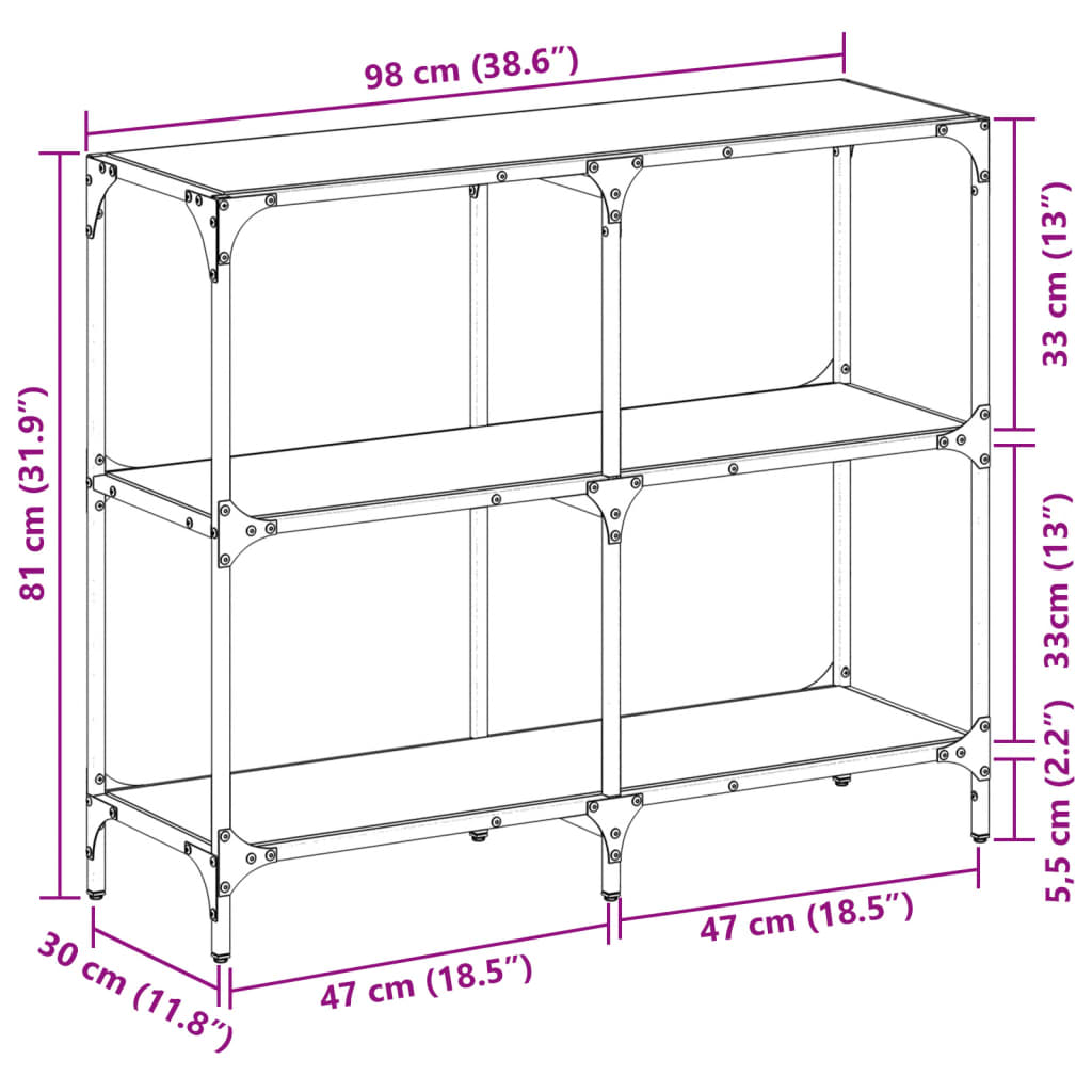 vidaXL Mesa consola con superficie de vidrio negro acero 98x30x81 cm