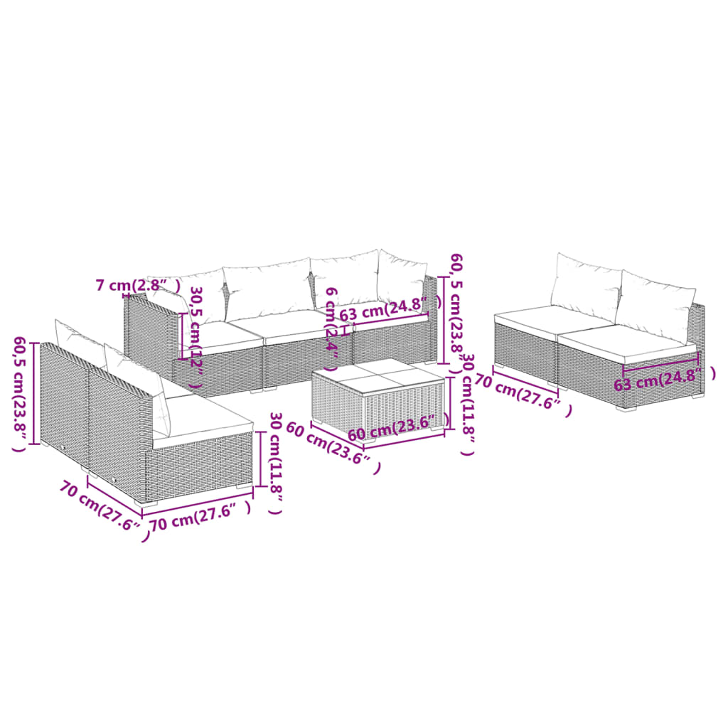 vidaXL Set de muebles de jardín 8 pzas y cojines ratán sintético negro