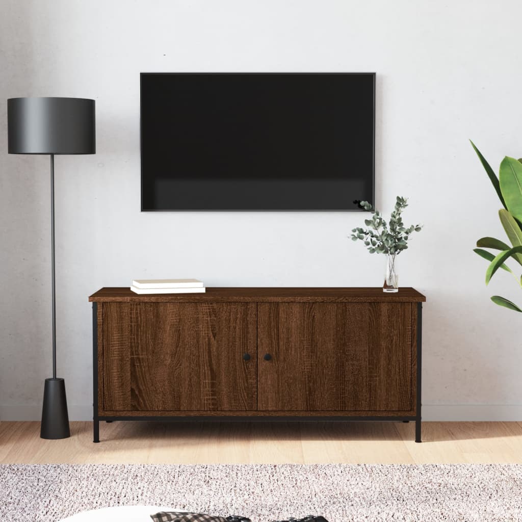 vidaXL Mueble TV con puertas contrachapada marrón roble 102x35x45 cm