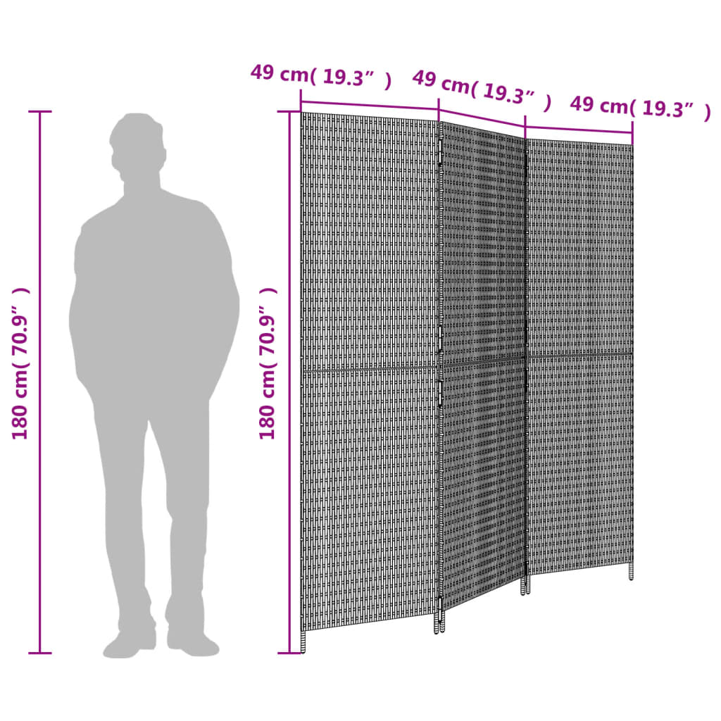 vidaXL Biombo de 3 paneles ratán sintético gris