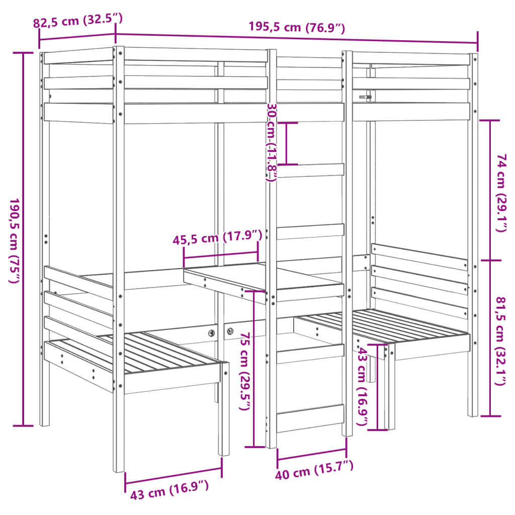 vidaXL Cama alta con escritorio y asientos madera maciza 75x190 cm