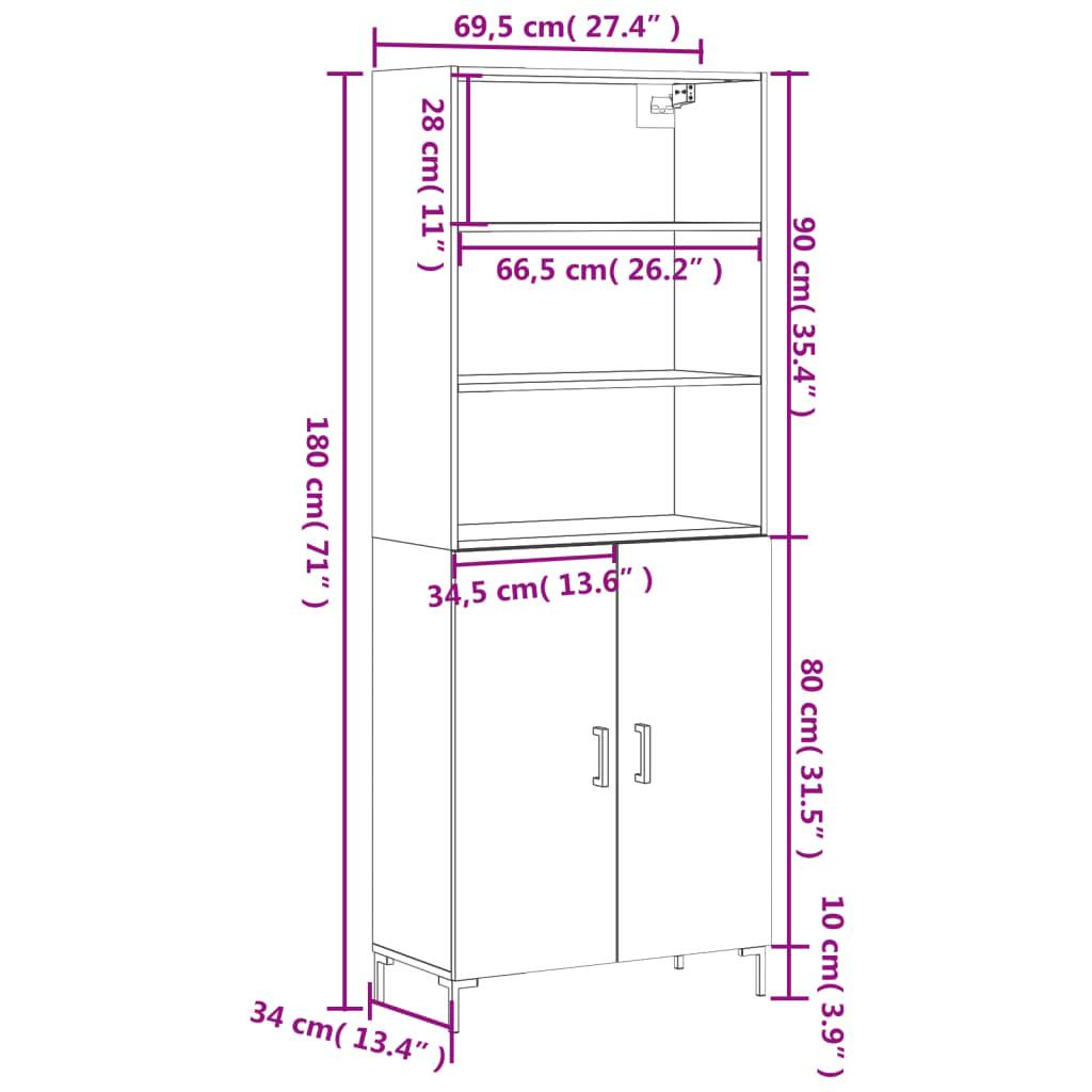 vidaXL Aparador alto madera contrachapada gris sonoma 69,5x34x180 cm