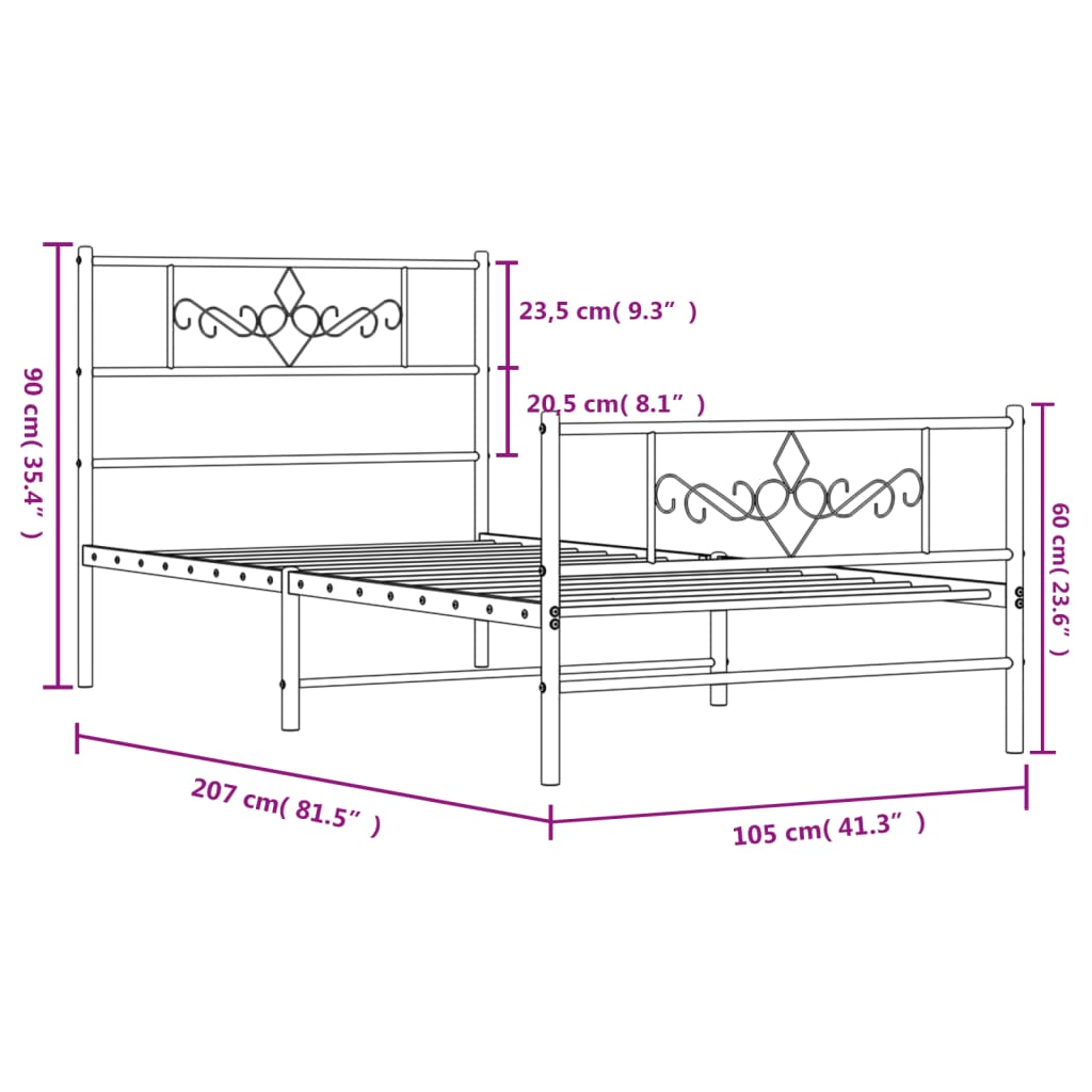 vidaXL Estructura cama sin colchón con estribo metal negro 100x200 cm