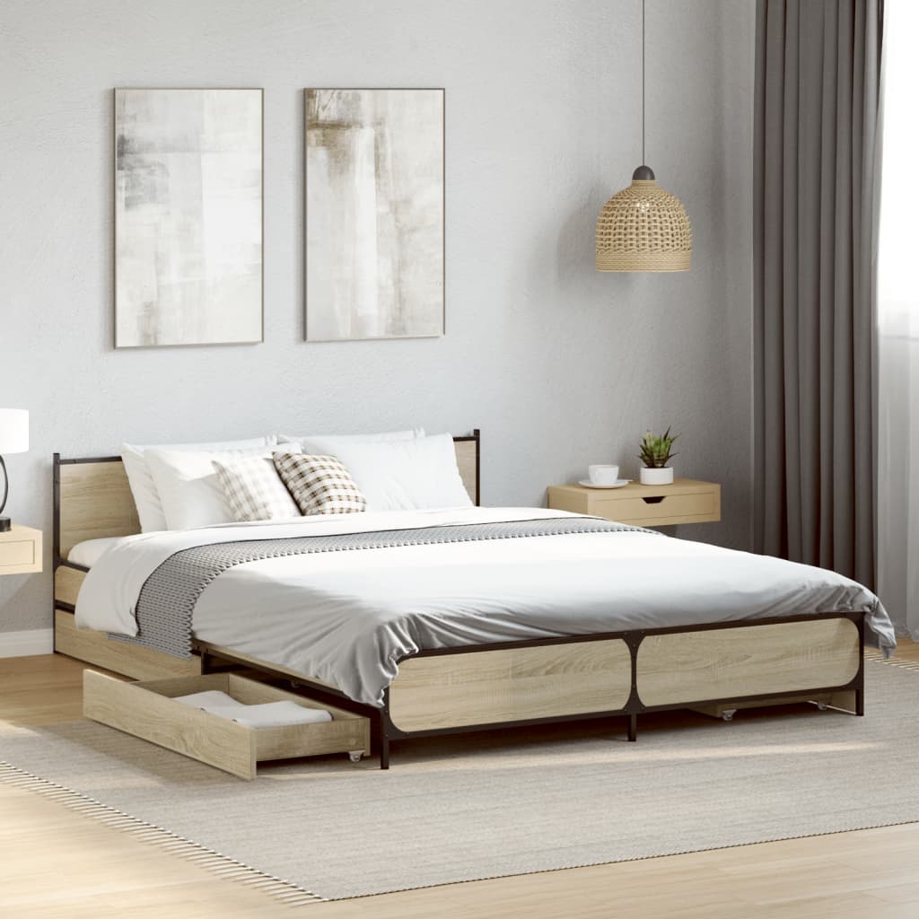 vidaXL Cama con cajones madera ingeniería roble Sonoma 135x190 cm