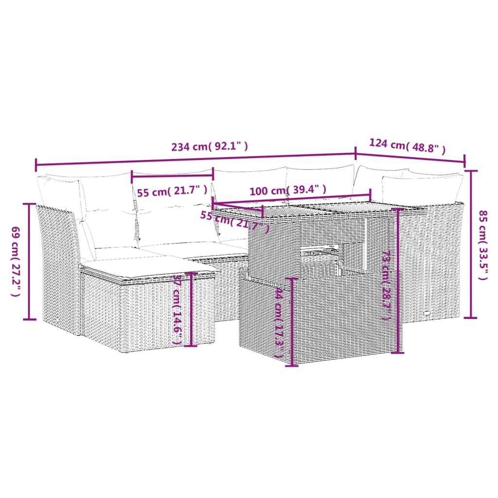 vidaXL Set de comedor de jardín 7 pzas y cojines ratán sintético negro