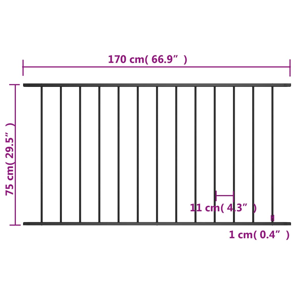 vidaXL Panel de valla de acero con recubrimiento polvo negro 1,7x0,75m