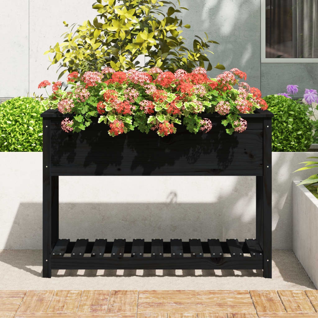 vidaXL Jardinera con estante madera maciza pino negra 111,5x54x81 cm