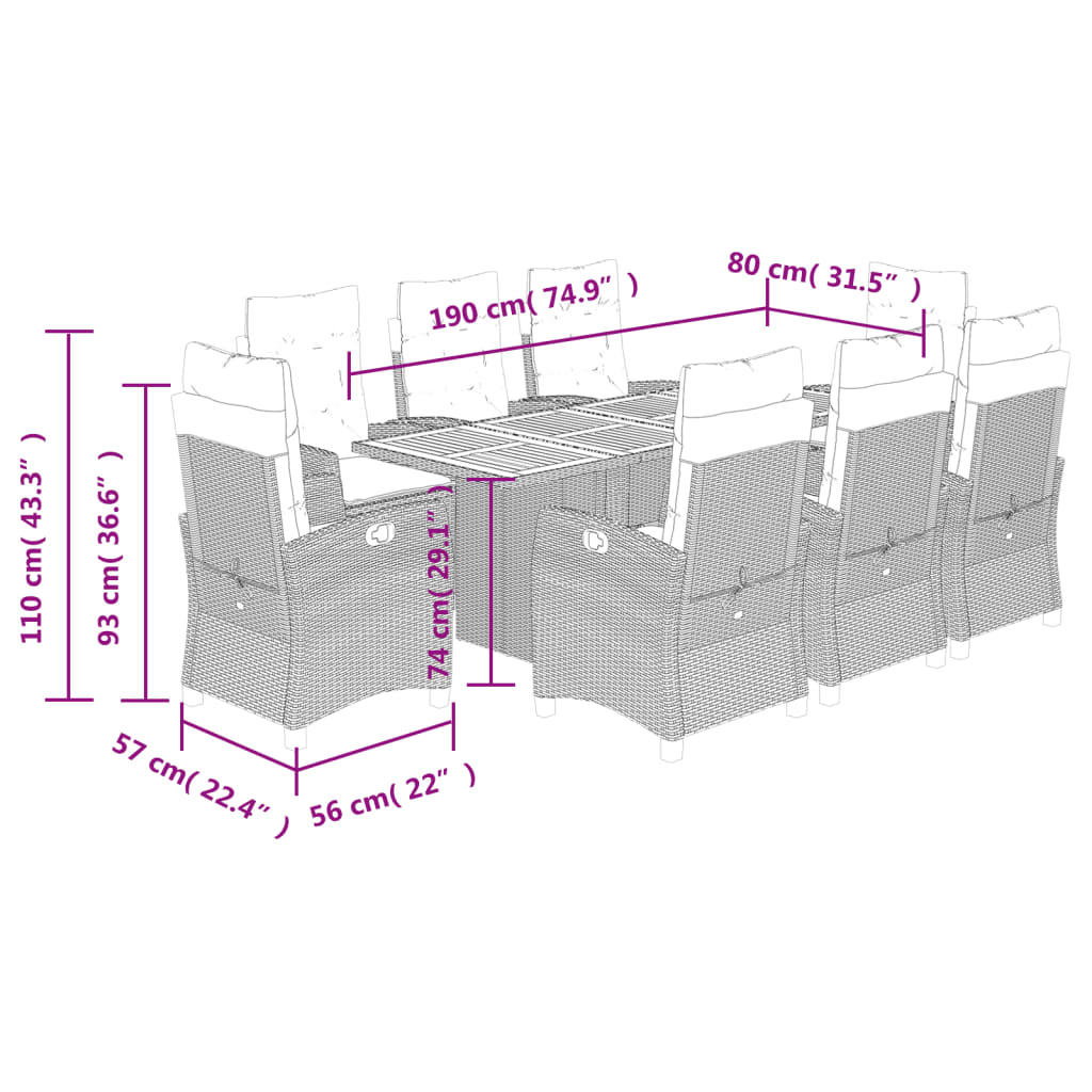 vidaXL Set comedor de jardín 9 pzas con cojines ratán sintético beige