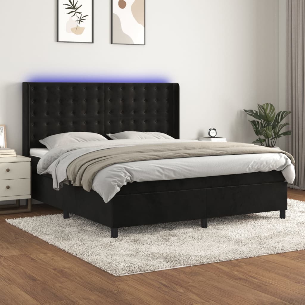 vidaXL Cama box spring colchón y LED terciopelo negro 160x200 cm