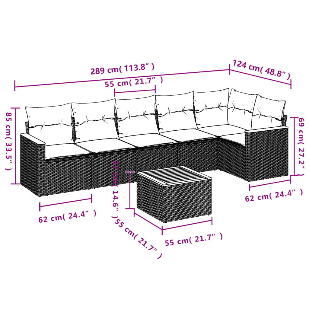 vidaXL Set de comedor de jardín 7 pzas y cojines ratán sintético negro