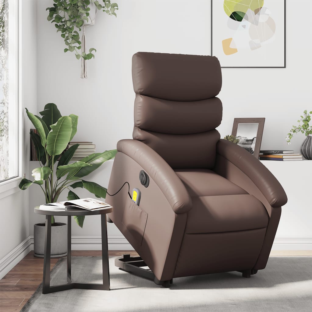 vidaXL Sillón de masaje elevable eléctrico cuero sintético marrón