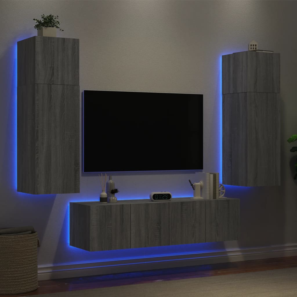 vidaXL Muebles TV pared con LED 6 pzas madera ingeniería gris Sonoma