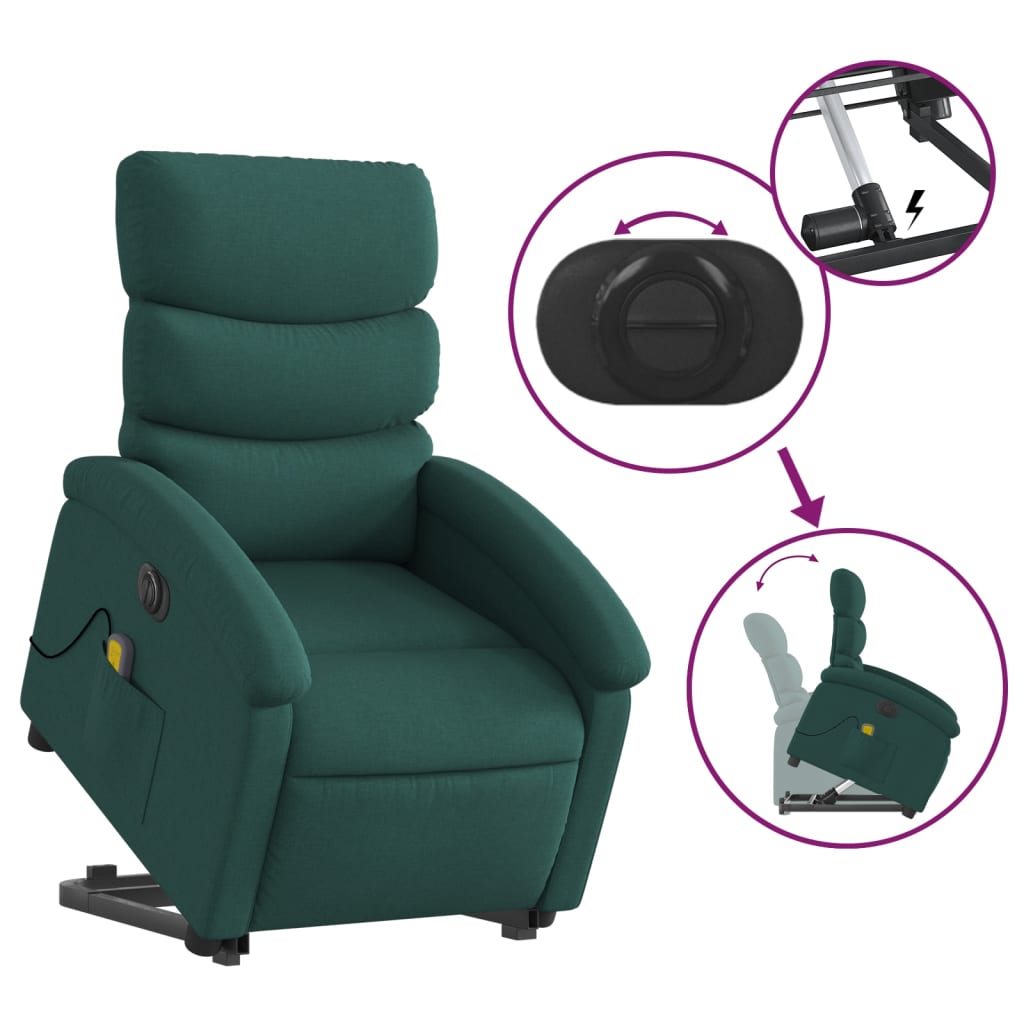 vidaXL Sillón masaje eléctrico reclinable elevable tela verde oscuro