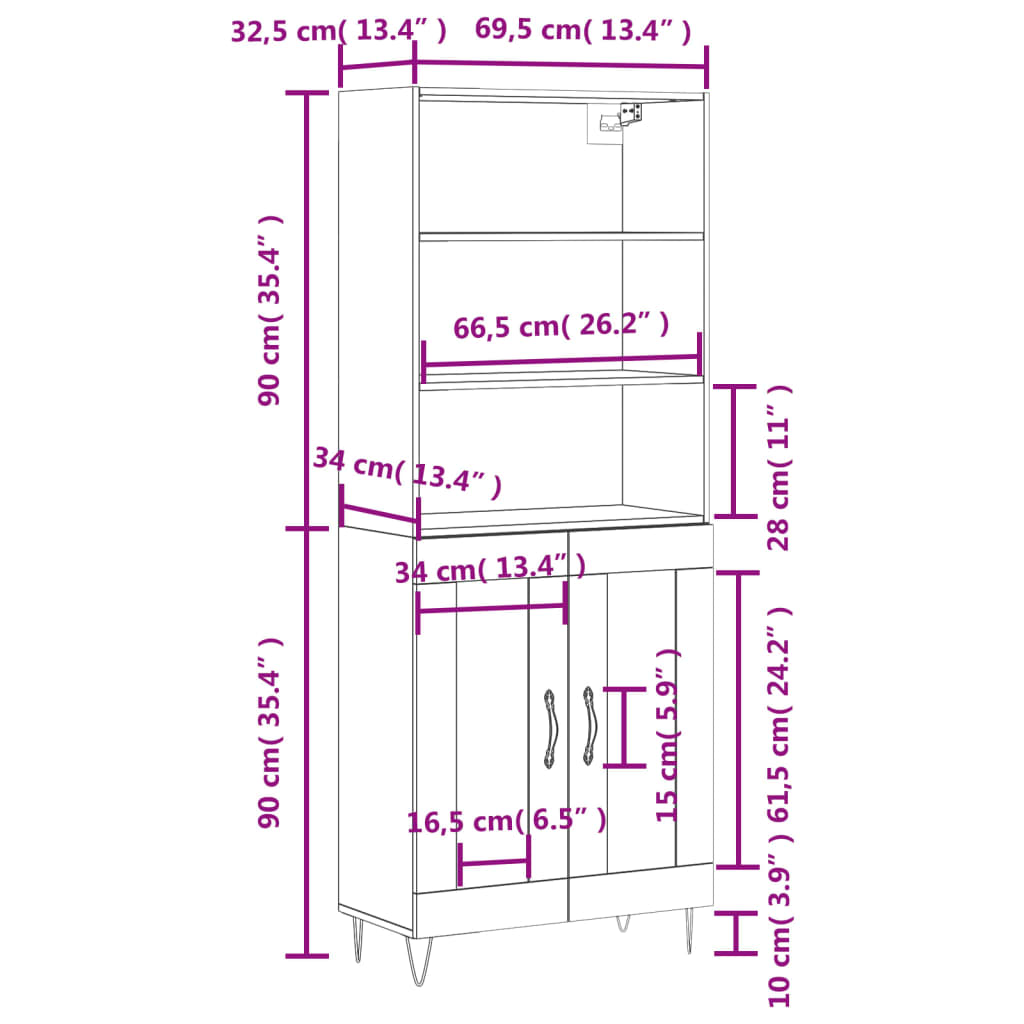 vidaXL Aparador alto madera contrachapada roble ahumado 69,5x34x180 cm