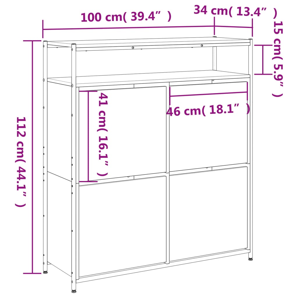 vidaXL Mueble zapatero 4 cajones abatibles roble Sonoma 100x34x112 cm