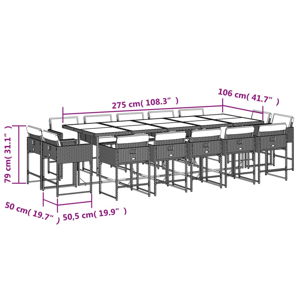 vidaXL Set comedor de jardín con cojines 15 pzas ratán sintético beige