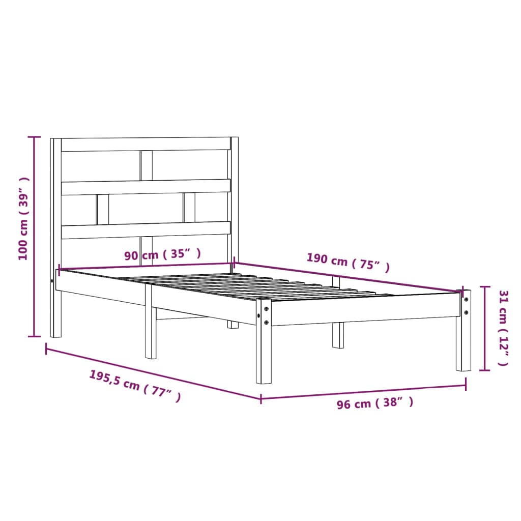 vidaXL Estructura de cama individual de madera maciza blanco 90x190 cm